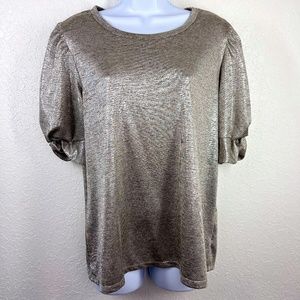 Kim & Cami Puff-sleeve‎ pewter metallic Twist-sleeve blouse, M